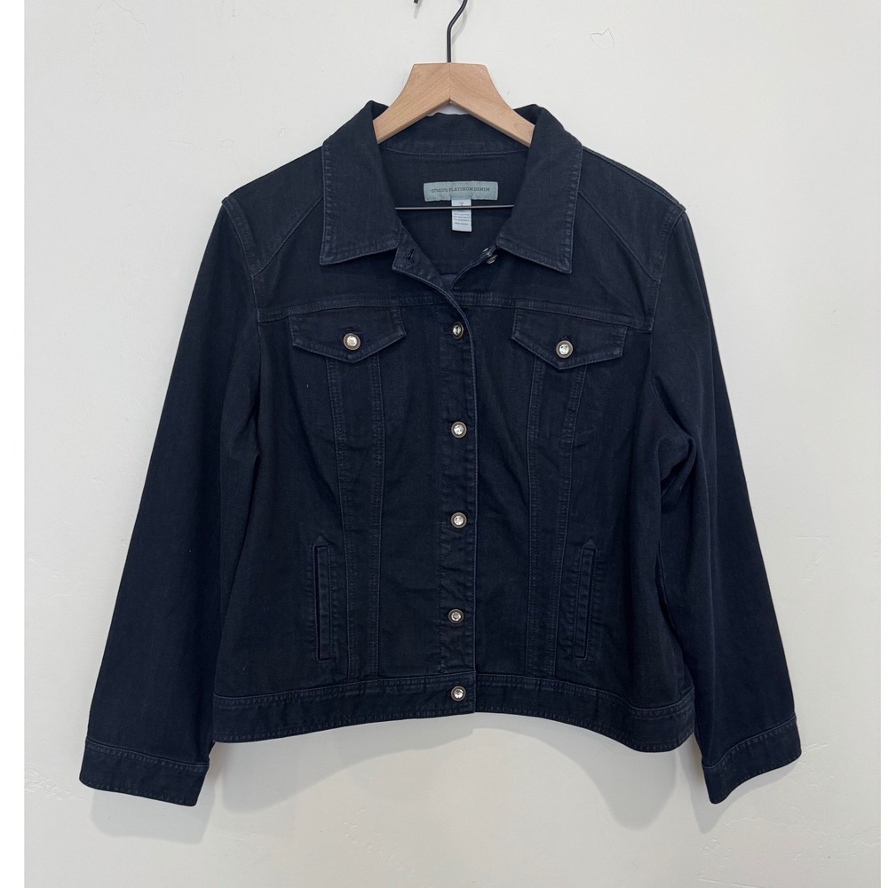 Chicos Platinum Denim Black Rhinestone Button Jean Jacket Trucker XL Size 3 Chic